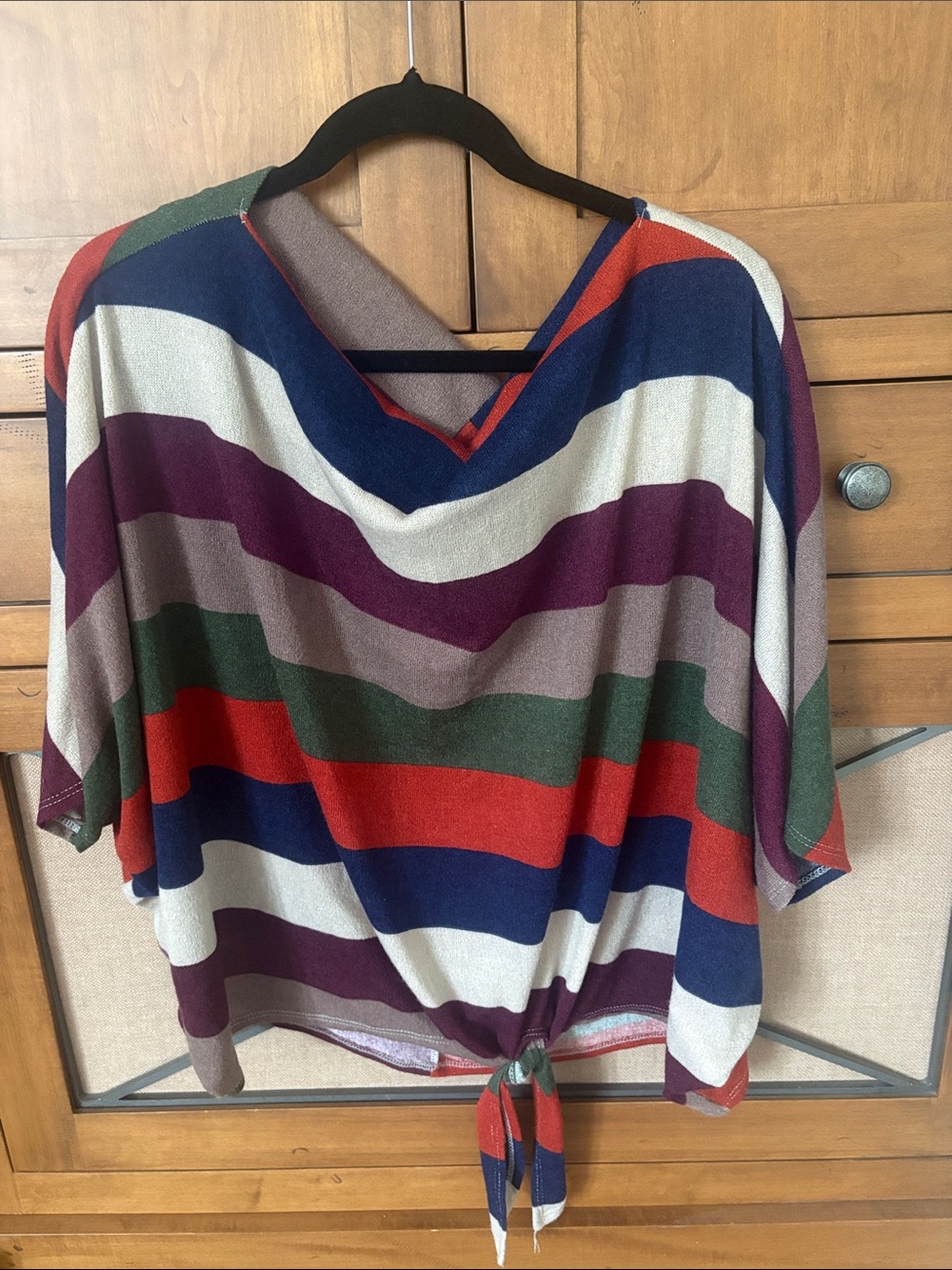 Promesa Multi-Stripe V-Neck Tie-Hem Top in Blue, Red, Green